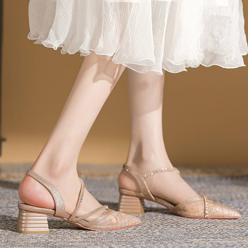 Baotou with sandals  summer new mesh thick heel rhinestone high heel French low heel pointed shoes