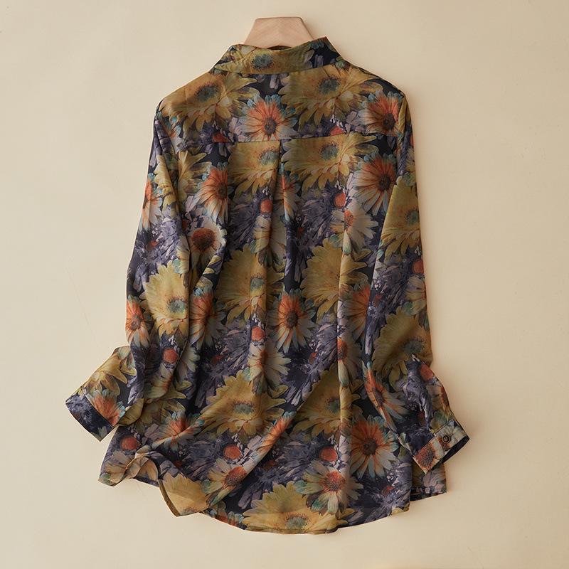 Cotton and Linen Long-sleeved Shirt Women's Spring Retro Printed Temperament Shirt Loose Casual Linen Top