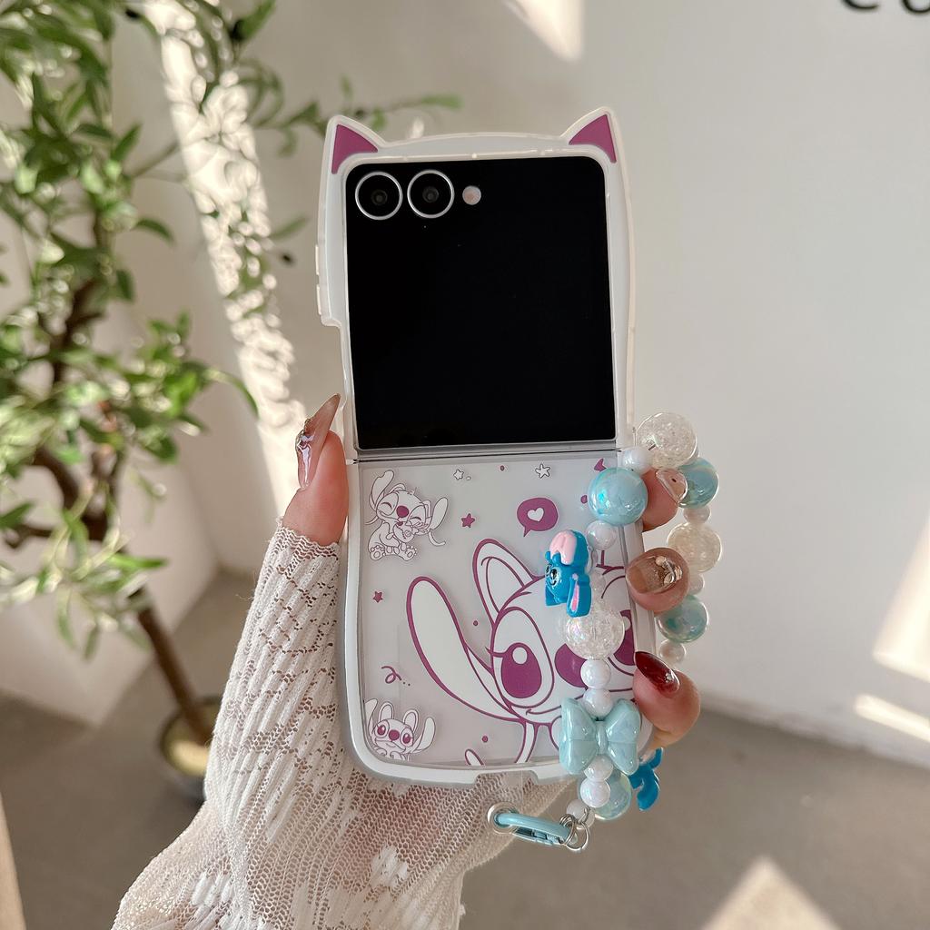 Funda de Teléfono de Dibujos Animados Stitch con Orejas de Gato 3D Kawaii para Samsung Galaxy Z Flip 3 4 5 6 7 7FE Funda Protectora con Cordón de Perlas