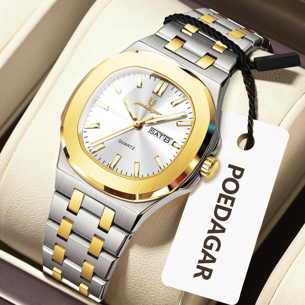 POEDAGAR Square Woman Watch Date Week Waterproof Luminous Ladies Watch Stainless Steel Quartz Fashion Watches Gift