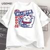 Kawaii Anime Kočka Potištěné Tričko Japonský Styl Bavlněné Tričko Měkké Prodyšné Kulatý Výstřih Krátký Rukáv Tričko Unisex Streetwear