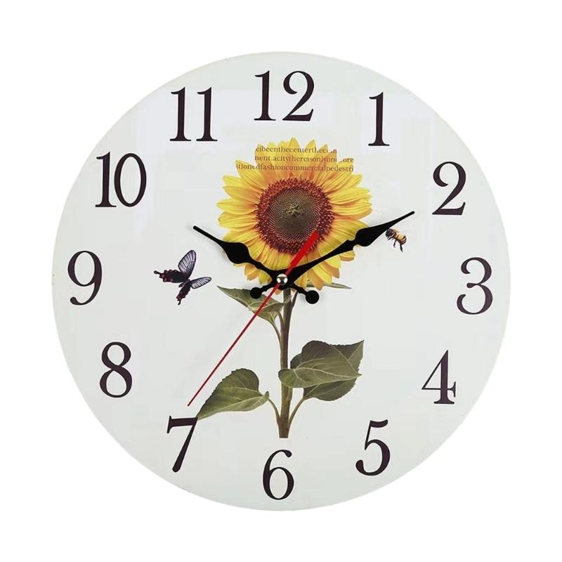 Analog Sunflowers Wall Clock 30cm with Large Arabic Numerals, Farmhouse Wooden Floral Wall Decors for Dining Area and Hallway