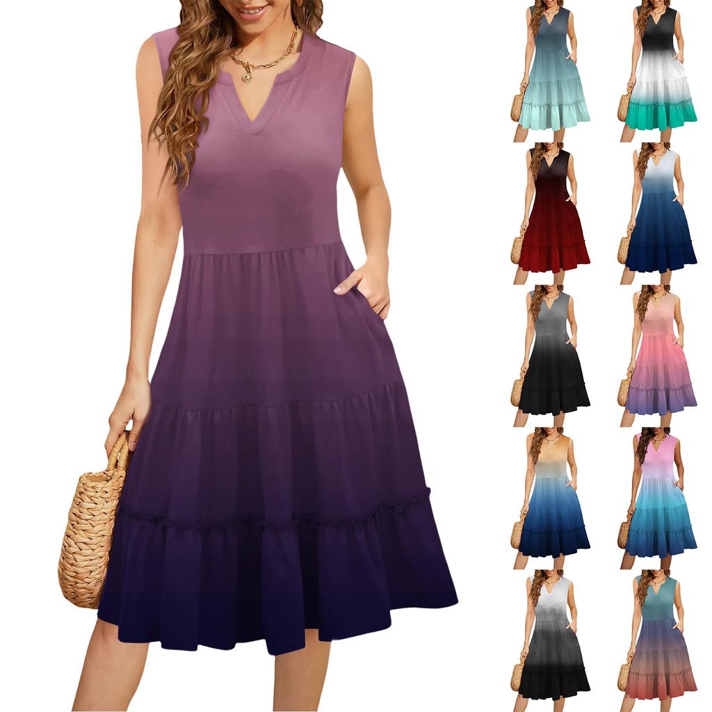 Women's Summer V-Neck Casual Pleated Ruffle Gradient Sleeveless Dresses