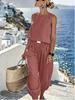 Women's Fashionable Casual Linen -Neck Top And Wide-Leg Pants Two-Piece Set