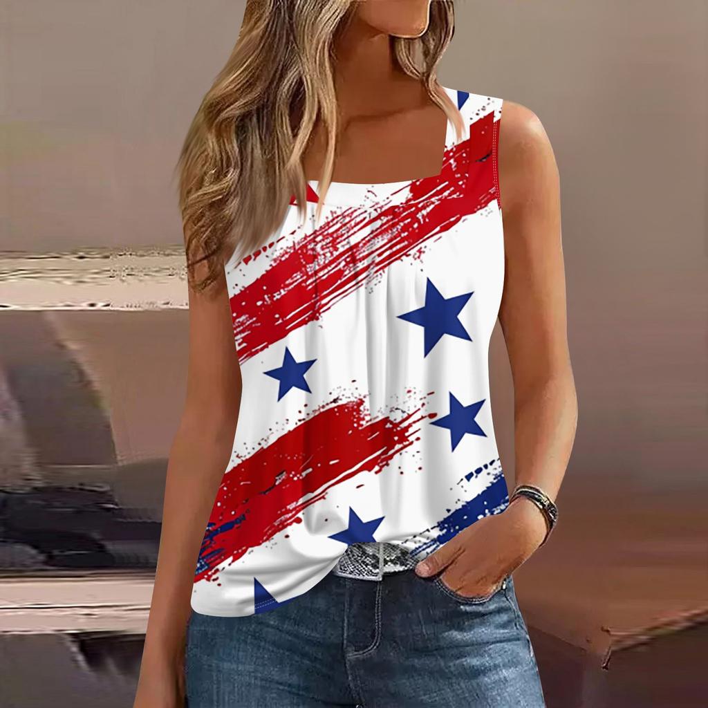Damen Sommer Casual Plissee Quadratischer Ausschnitt Ärmelloses Tank Top Bedrucktes T-Shirt