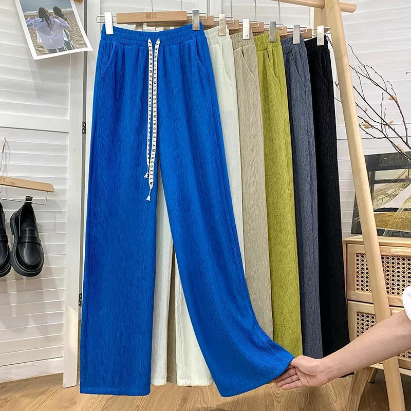 Embroidery Top Sleeved Wrinkle Short Straight Wide Leg Long Pants Set Woman Causal 2 Pieces Pajamas Home Wear Loungewear