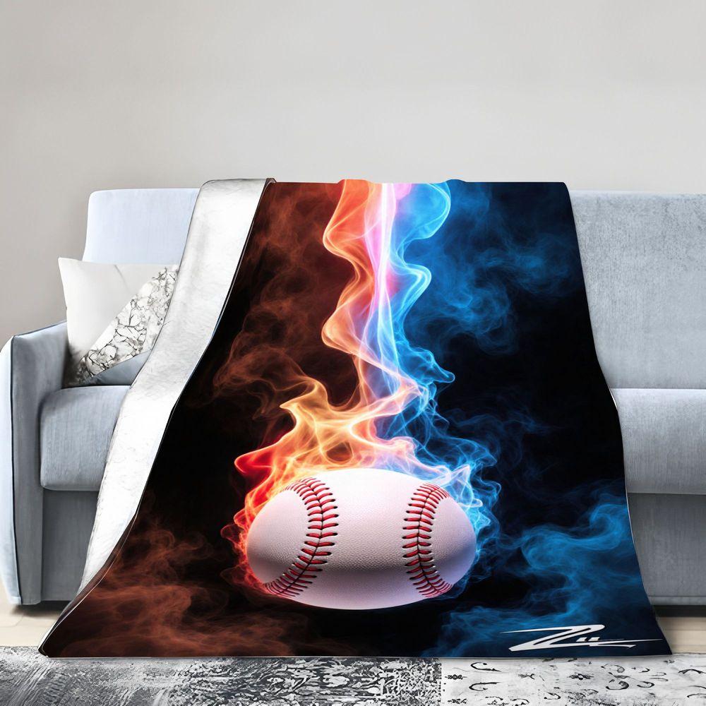 Dynamic Baseball Design Blanket with Vibrant Flames and Smoky Background - Unique Soft Fleece Throw for Sports Lovers, Perfect f