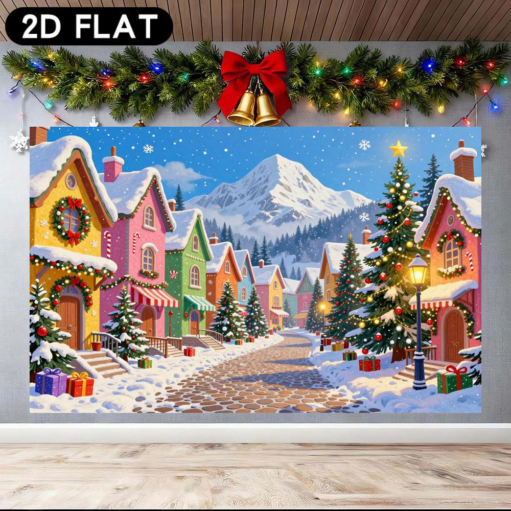 1Pcs Winter Snow Town Colorful Houses Tree Decoration Background Christmas Backdrop Decorations For Photo Studio Booth Party