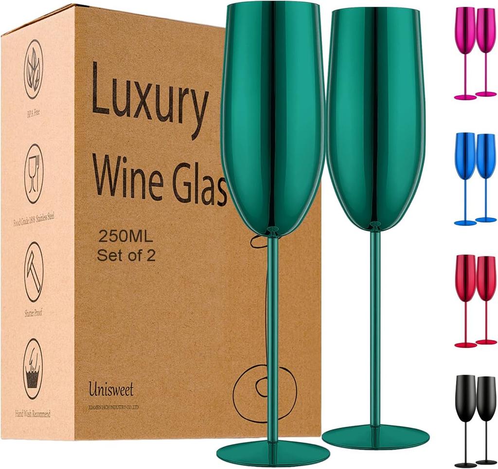 Stainless Steel Champagne Flutes Set of 2, Gold Unbreakable 8.5 oz for Wedding, Party, Christmas, Anniversary, Birthday Gifts