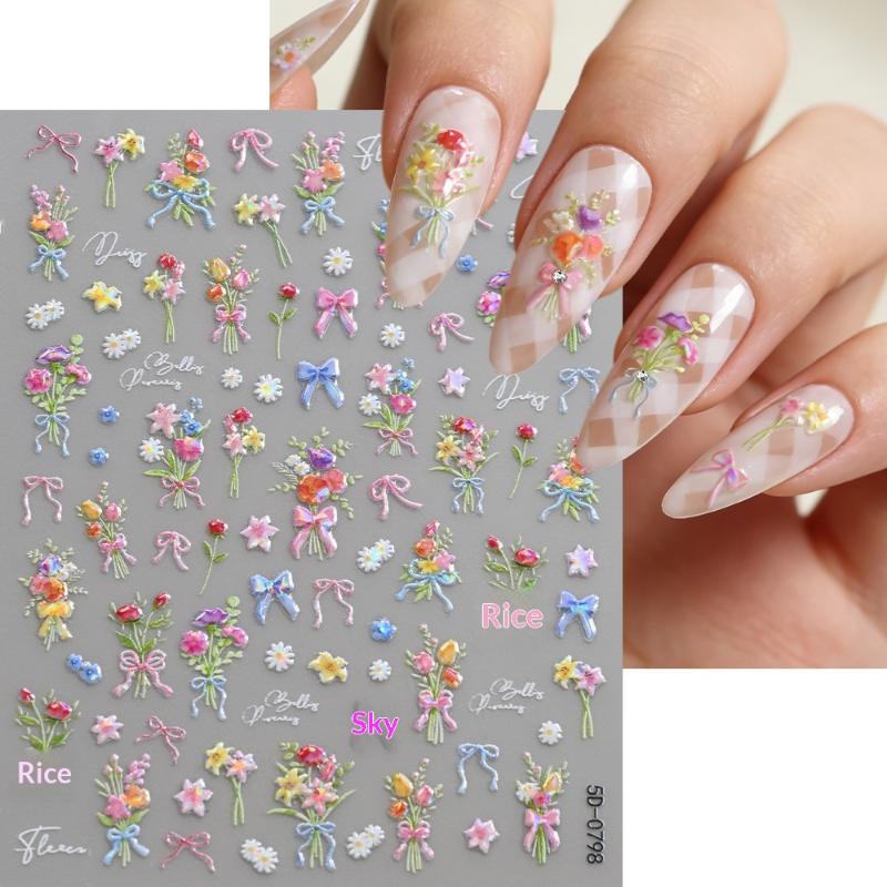 1 Sheet 3D Spring Flower Series Nail Stickers Colorful Rose Bouquet Nail Decal Self-Adhesive Daisy Ribbon Bow Manicure Sticker