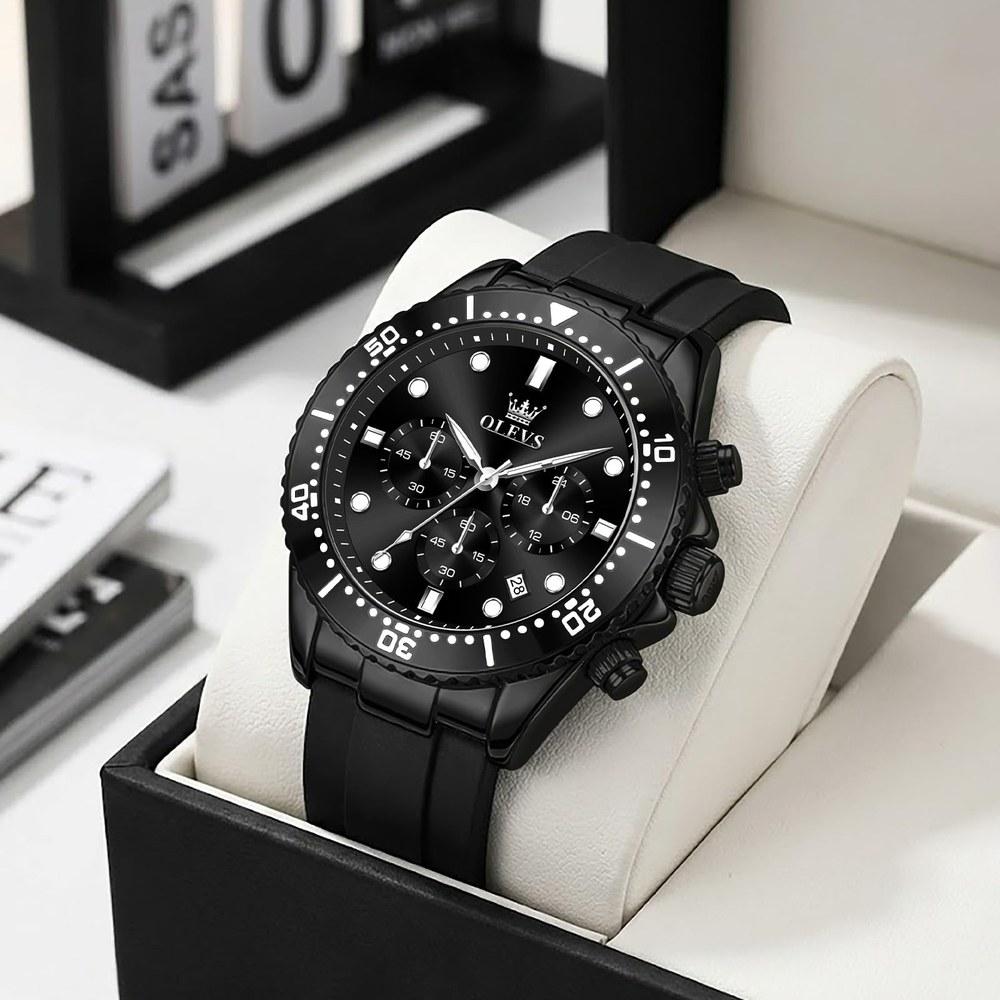 OLEVS Men's Wristwatch Analog Quartz Chronograph Black Dial Silicone Band 3 ATM Water Resistant Rotating Bezel