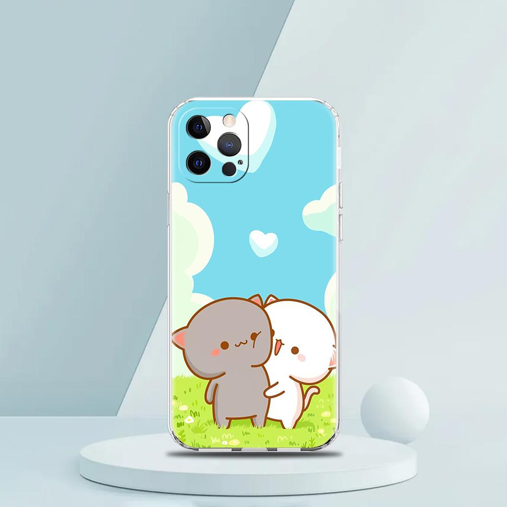 Cute Cartoon Cat Couple Luxury Phone Case For iPhone 16 15 14 13 12 11 Pro Max XS X XR SE 7 8 Plus soft Silicone Clear Cover