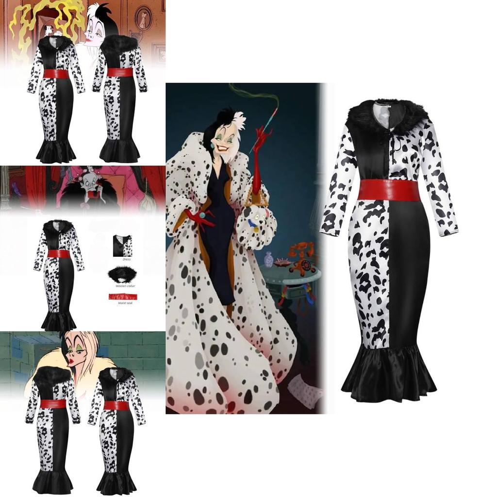 Elegantes Cruella De Vil Cosplay-Kleid mit Kunstfellkragen für Unisex-Erwachsene
