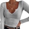 Nuova T-shirt Casual Sexy a Manica Lunga a Righe Monocolore Profonda a U Primavera S-XL