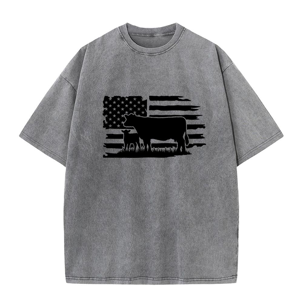 

Mens Fun Cow Print Washed T Shirt Retro Distressed Style Casual Basic Street Fashion Pure Cotton Crew Neck Short Sleeved Top S