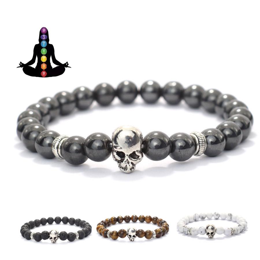Retro Halloween Skull Bracelet For Men 8mm Lava Tiger Eyes Hematite Healing Braclet Hiphop Accessories Cycling Braslet Homme