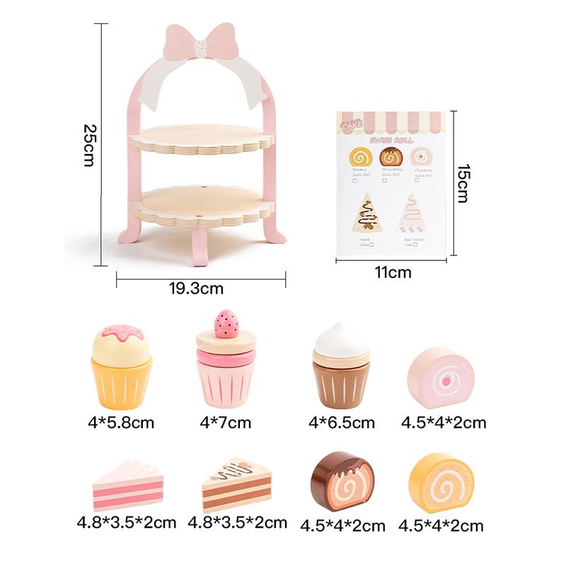 Wooden Double-Layer Dessert Stand Toy Set - Pink Bow Theme Children's Tea Party Pretend Play Toy Includes Cakes and Menu Cards