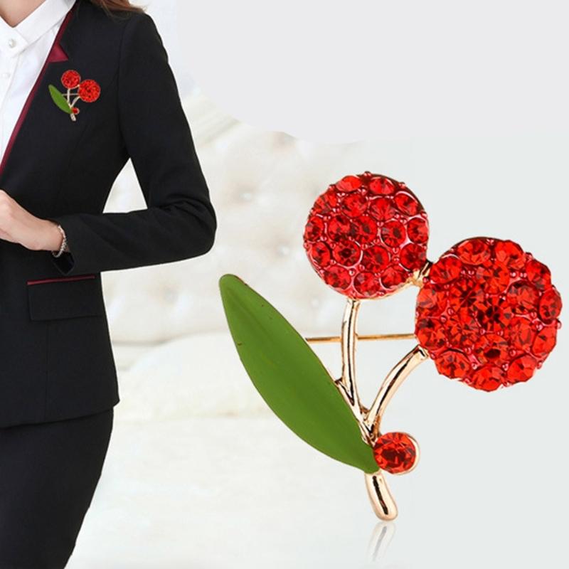 Versatile  Cherry Brooch Accessory Eye Catching Green Zircon Cherry Jewelry Pin Charm for Casual and Formal Attire