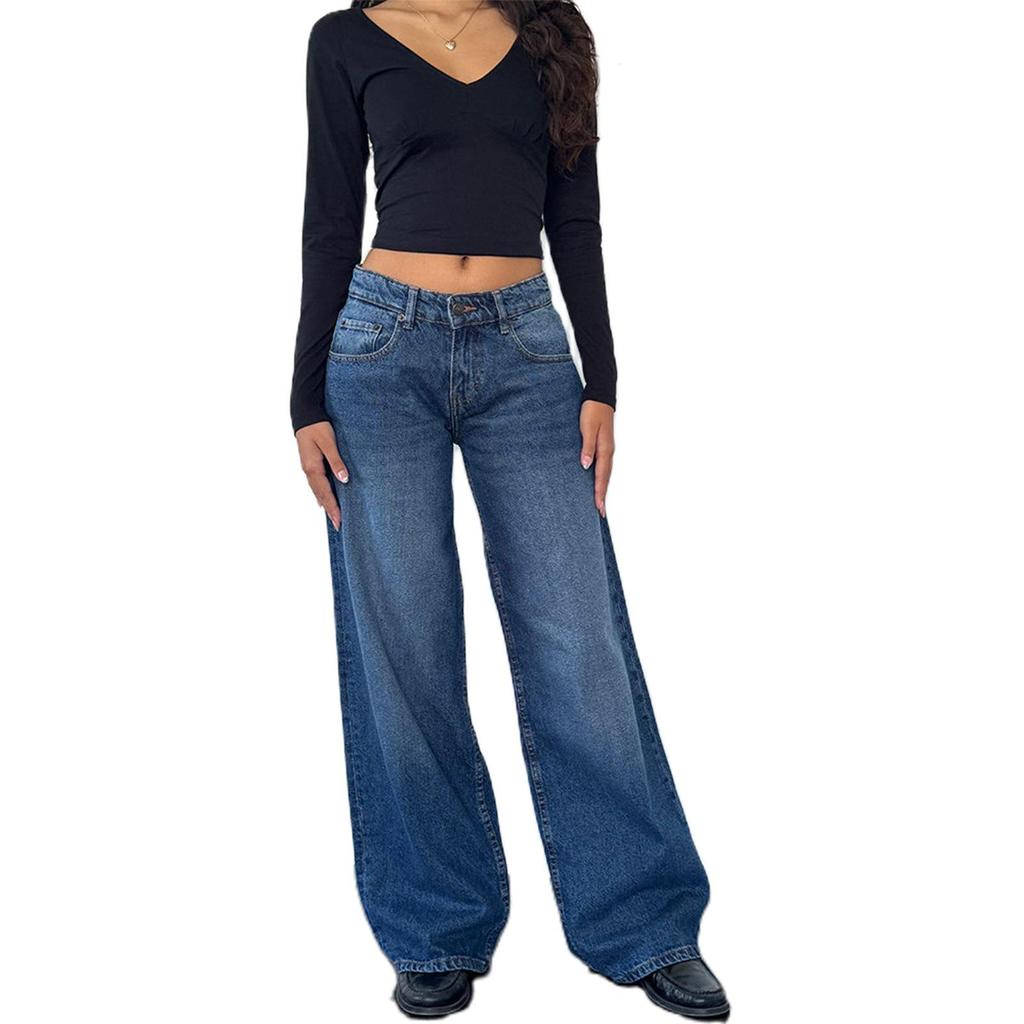 2026 Women's Casual Wide-Leg Non-Stretch Washed Denim Jeans - American Retro Low Waist