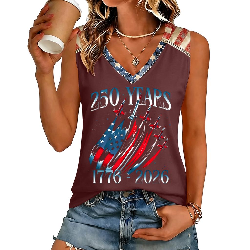 Womens V Neck Casual Short Sleeve Top with 250 Years 1776 2026 Letter Print Loose Fit Lightweight T Shirt for Summer Daily Wear