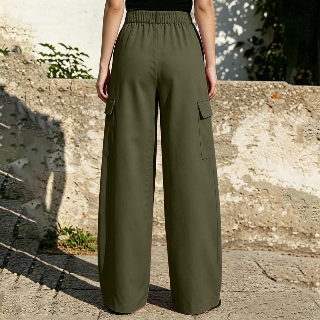 Women's Color Casual Trousers with Cotton Pockets and Button Front Dress Pants