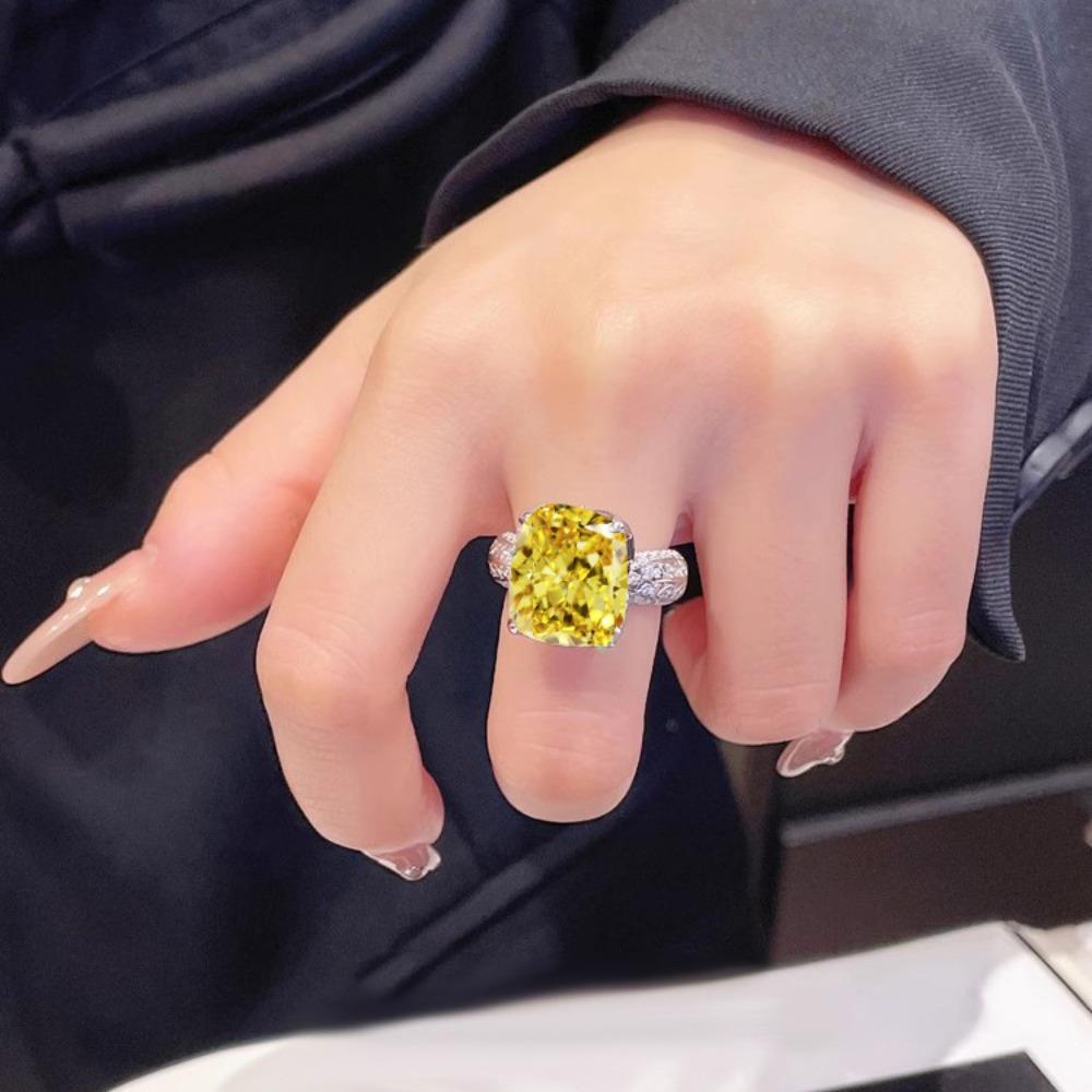 Women Rings Yellow Diamond Ice Cut Wide Rectangle Pink White High Carbon Solitaire Ring
