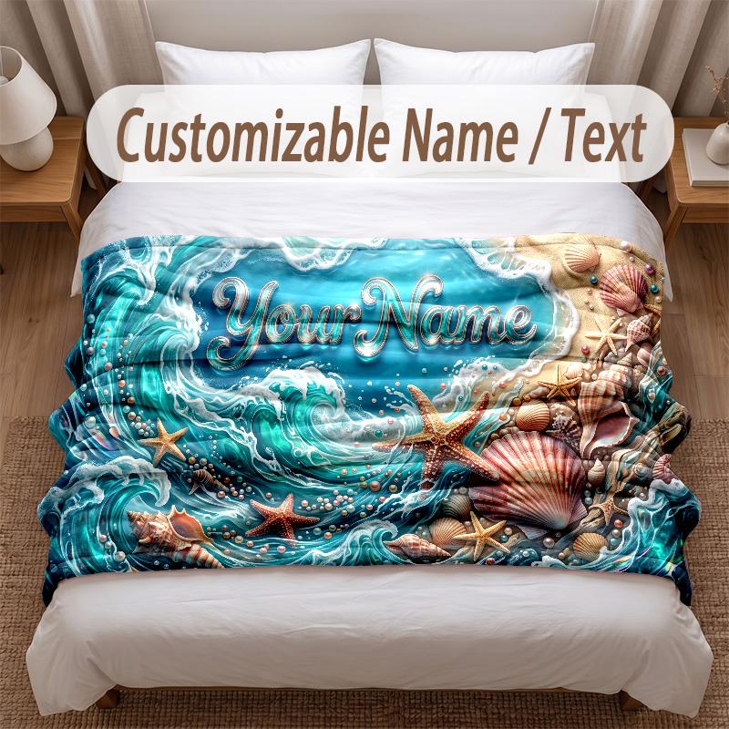 Fish Ocean Theme Soft Blanket Personalized Custom Name Text Print Warm Blanket Home Sofa Bedroom Decor