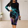Women Plus Size Round Neck Long Sleeve Printed Black Bodycon Midi Dress