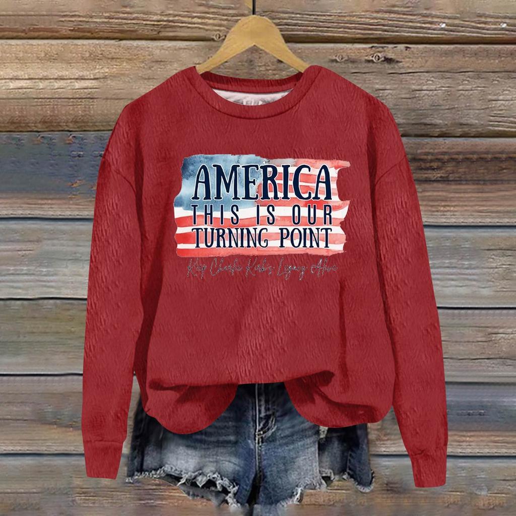 Ladies Fashion Casual Long Sleeve Printed Round Neck  Pullover Top