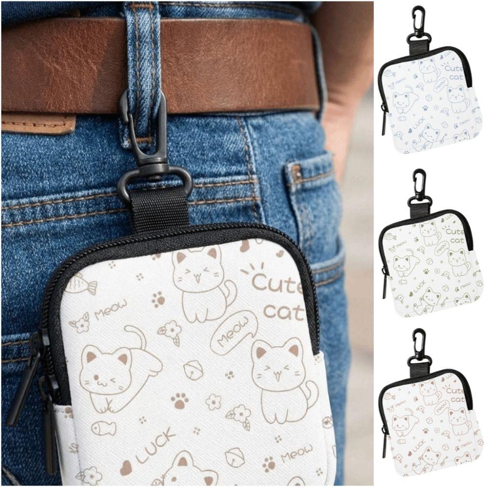 Large Capacity Cute Cat Print Portable Coin Purse Faux Leather Waterproof Mini Earphone Case with Key Ring Multifunctional
