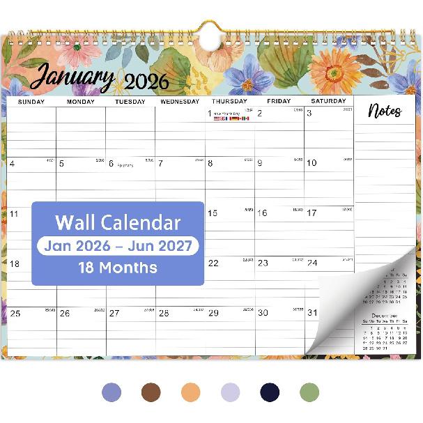 2026 Calendar, 18-Month Wall Calendar from Jan 2026 to Jun 2027, 11.5" x 14.7", Spiral Binding Hanging Monthly Calendar with Twin-Wire Binding,