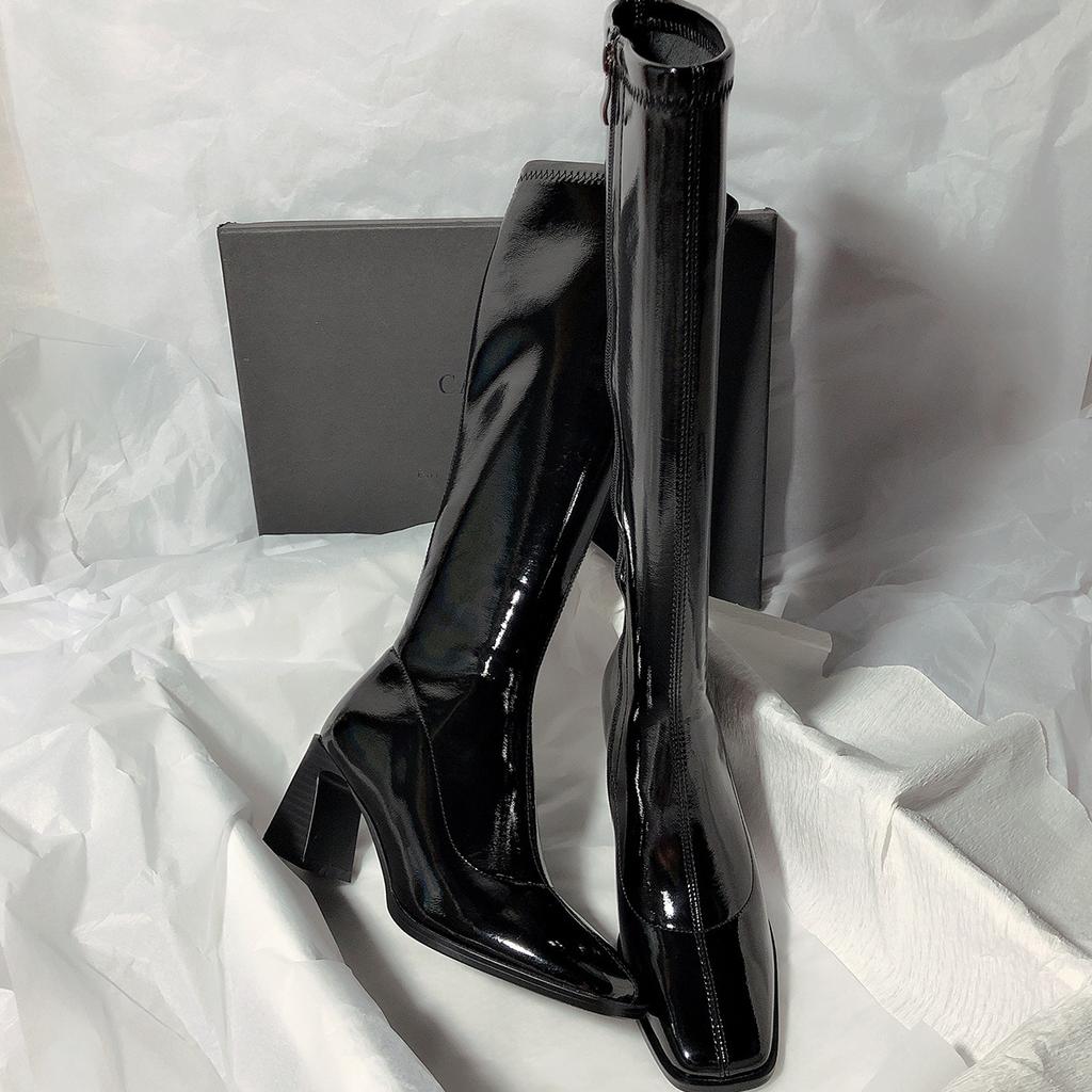 Comemore 2025 New High-heeled Tight Boots Simple But Knee-length Boot Square Head Female Ladies Shoes Luxury Sexy Heels