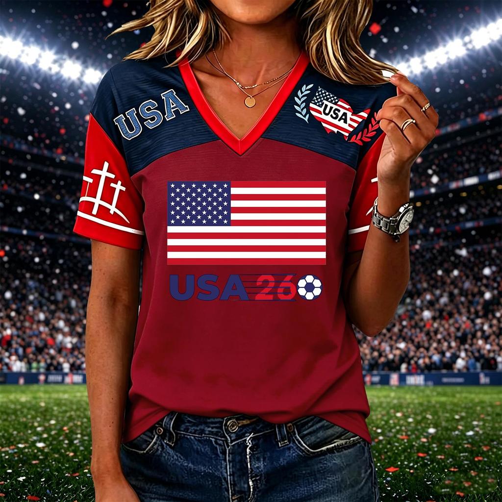 Womens Casual Short Sleeve Soccer Print V Neck Pullover Top Lightweight Breathable Soft Fabric Comfortable Fit