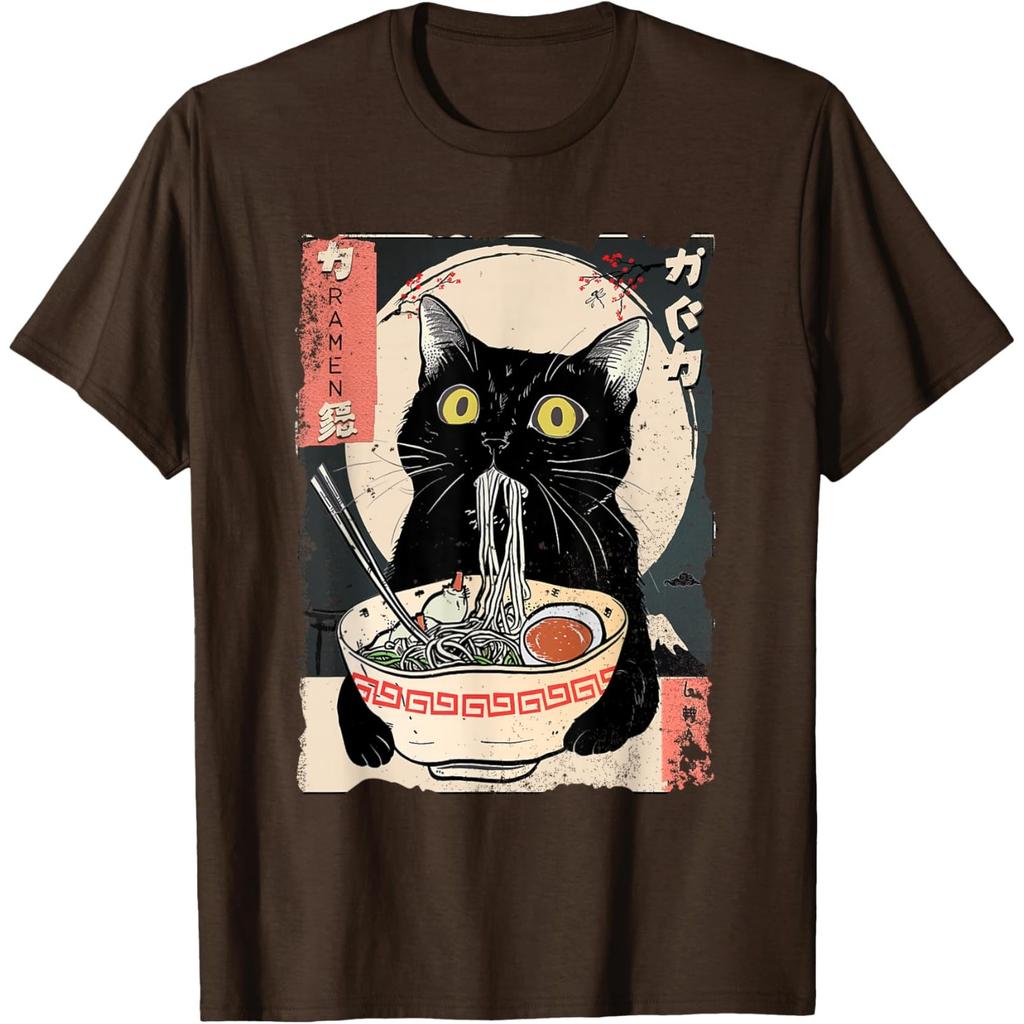 Black Cat Eating RaUnisex Japanese Ukiyo Style Graphic Tee T-Shirt Anime Food Lover Gift