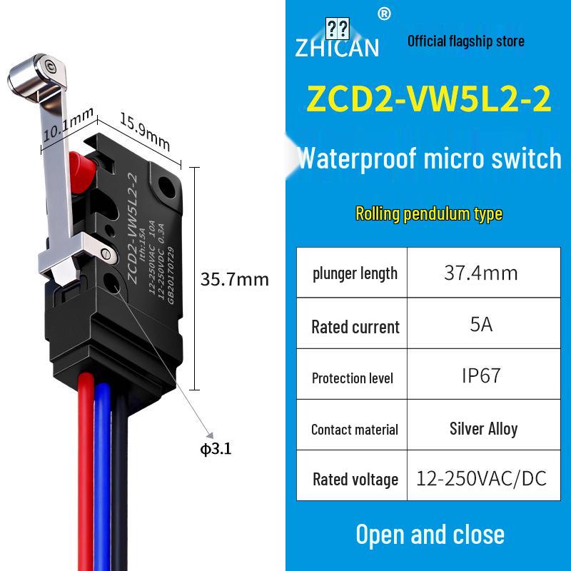 IP67 Waterproof Micro Switch, 5L1B/5L2A/5L3 Models, Straight Lever Roller, 1 NO/1 NC Limit Switch.