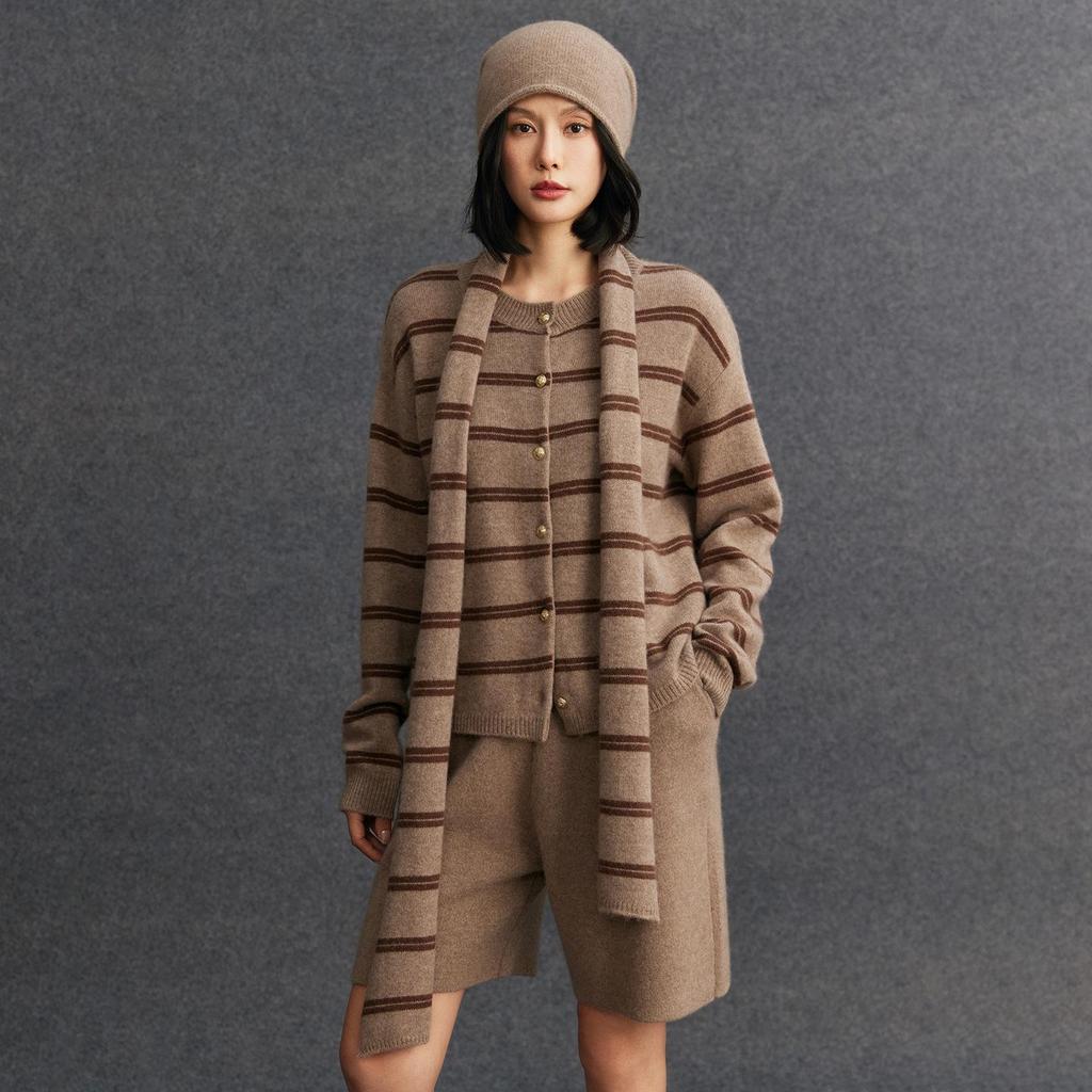 Women's Double Ply Cashmere Cardigan - Round Neck, Thickened Sweater Coat, Retro Casual Stripes, Color Block Design.