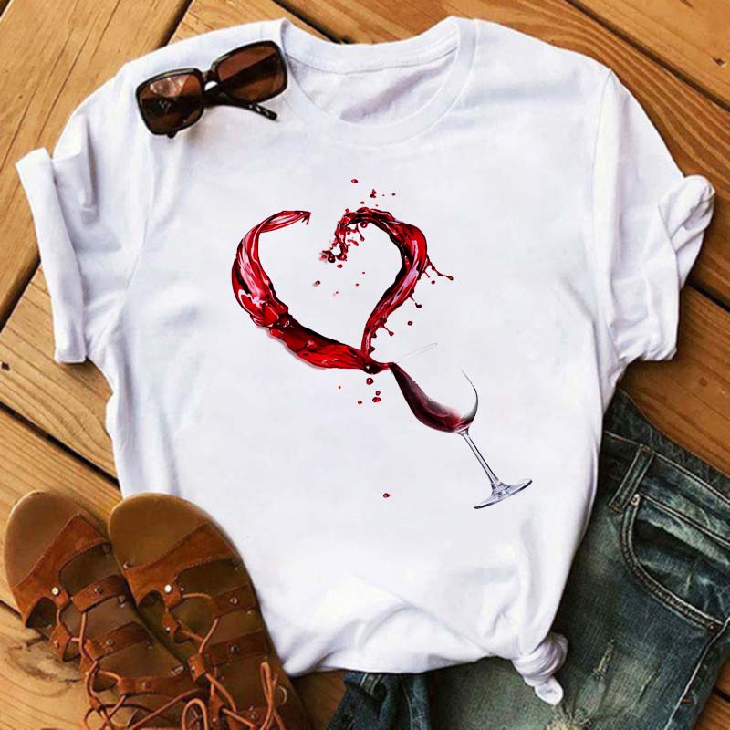 New Women T-Shirt Casual Short Sleeve T Shirt Women's Fashion Rose Red Wine Glass Printed Black T-Shirt Female Tops Tees