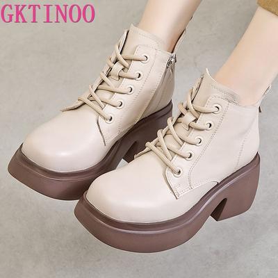 Fashion GKTINOO Women Thick High Heel Boots Autumn Round Toe Chunky Platform 100% Genuine Leather Ankle Boots Ladies Zipper Short Boots
