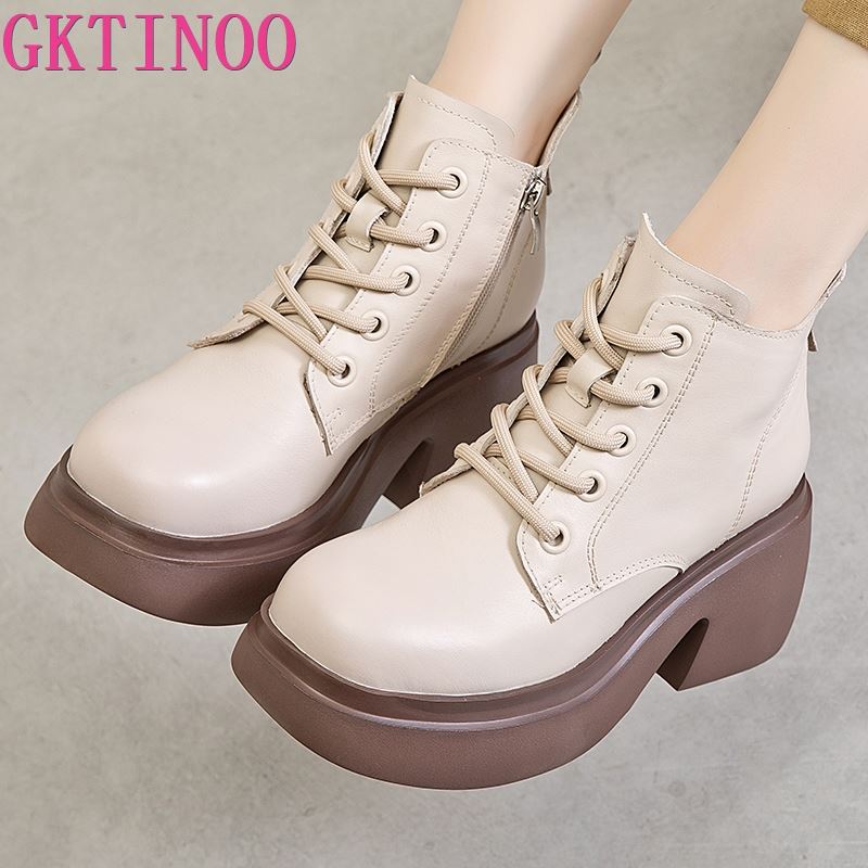 Fashion GKTINOO Women Thick High Heel Boots Autumn Round Toe Chunky Platform 100% Genuine Leather Ankle Boots Ladies Zipper Short Boots
