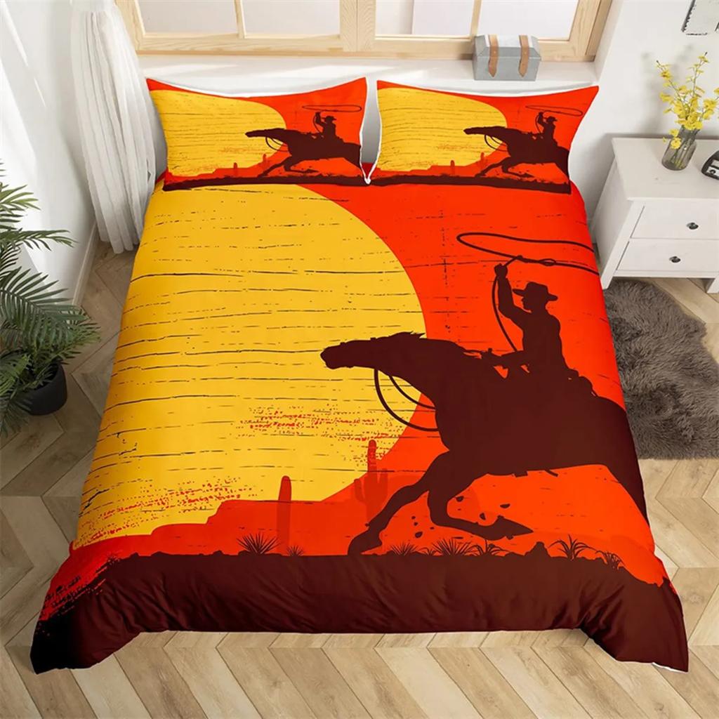 Western Cowboy Bettbezug Wildwest-Thema Cowboy Mikrofaser Rodeo Cowboy auf Pferd reitend Quiltbezug Schlafzimmerdekoration Frauen Männer