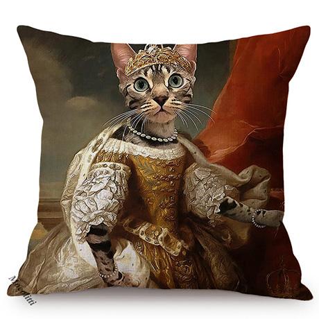 Cat Funky Animal Portrait Europe Renaissance Oil Painting Posters Style Decorative Throw Pillow Cases Linen Sofa Cushion Cover