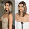 Noble Synthetic Lace Front Wigs For Women 12 Inch Pre Plucked Pre-Cut Ombre Brown Blonde Straight Layered Bob Wig Cosplay Wig