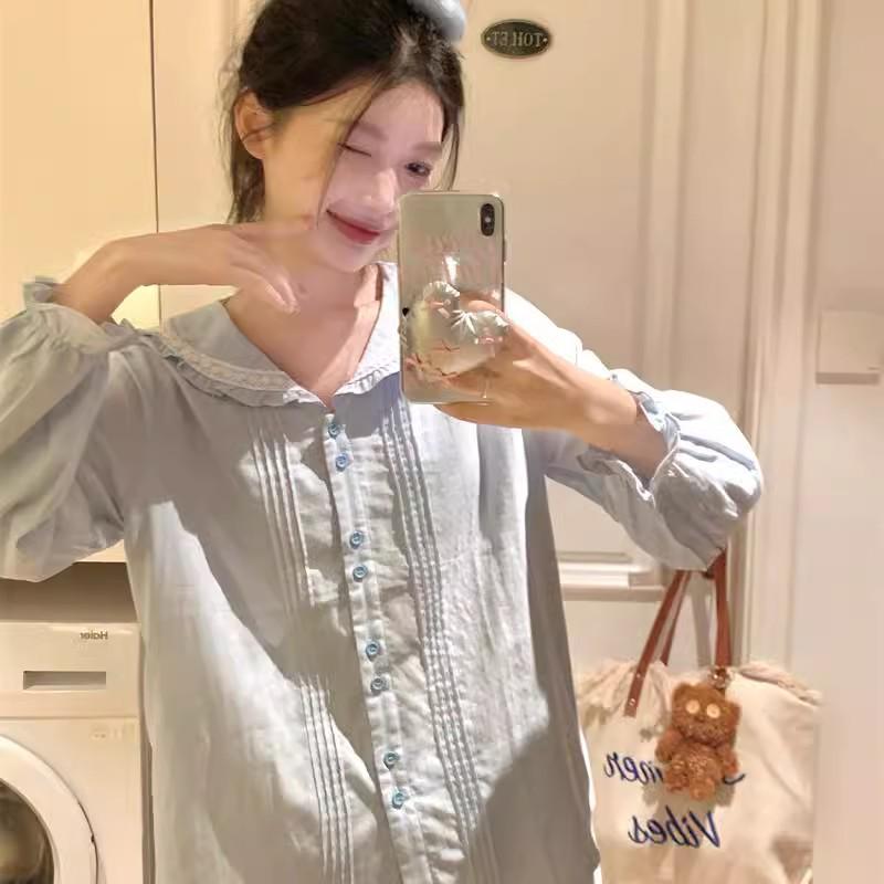 Spring & Autumn Navy-Style Collar Soft Cotton Pajama Set with Lace