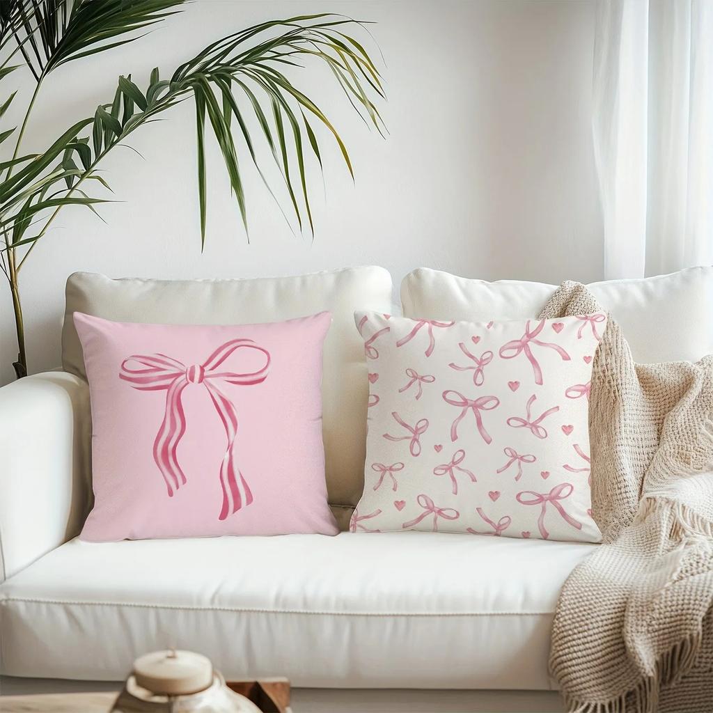 Pink Bow Cherry Blossom Printed Pillowcase Sweet Cute Style Soft Cotton Fabric Breathable For Bedroom Decor Girl'S Room Aestheti