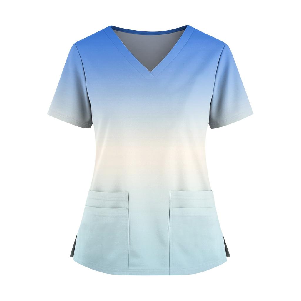Women's Fashionable Printed V Neck Double Pocket Short Sleeved Shirt With Slit Hem Uniform And Worker Top