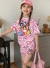 Kawaii Anime Print Kinder Sportanzug Glücksbuchstaben Design Kurzarm T-Shirt und Shorts 2-teiliges Set Mädchen Freizeit Sommerkleidung
