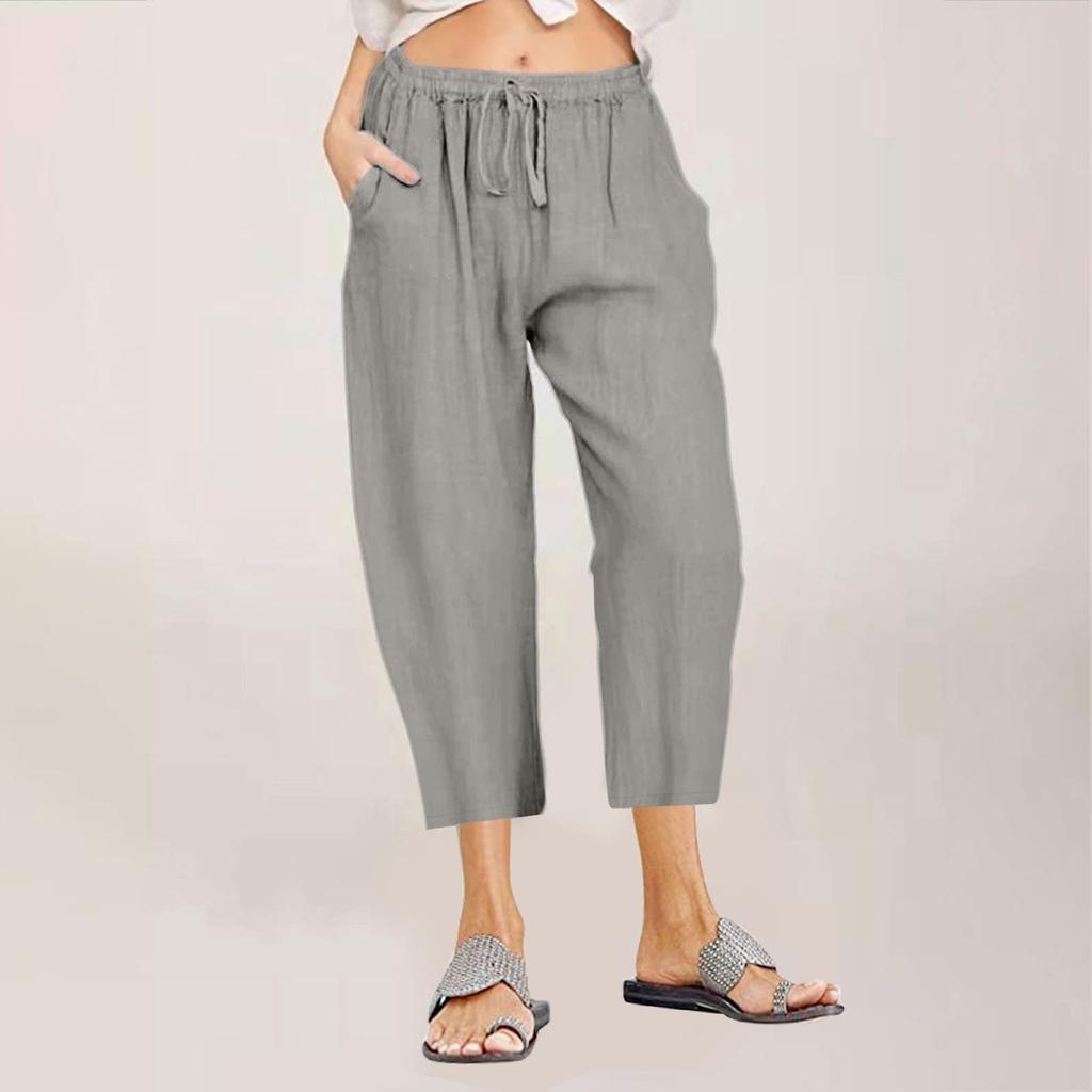 Women Casual Pants Solid Cotton Linen Drawstring Elastic Waist Wide Leg Pants Cropped Trousers For Women
