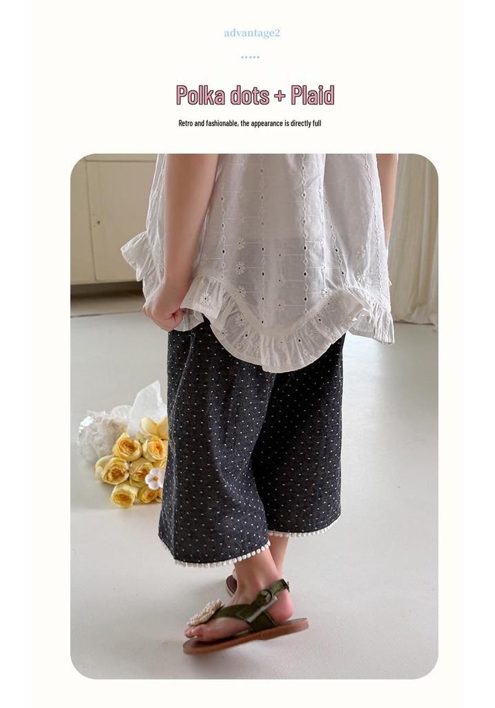 New Girls' Plaid & Polka Dot Three-Quarter Wide-Leg Pants (S/M/L) - Black