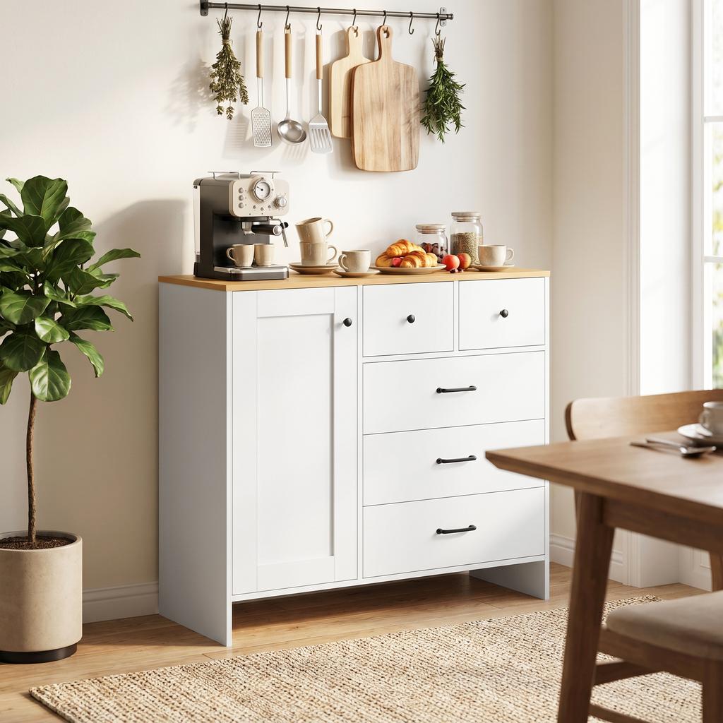 Kitchen Buffet, Storage Unit, 5 Drawers, Door, 100 x 40 x 94 cm, White