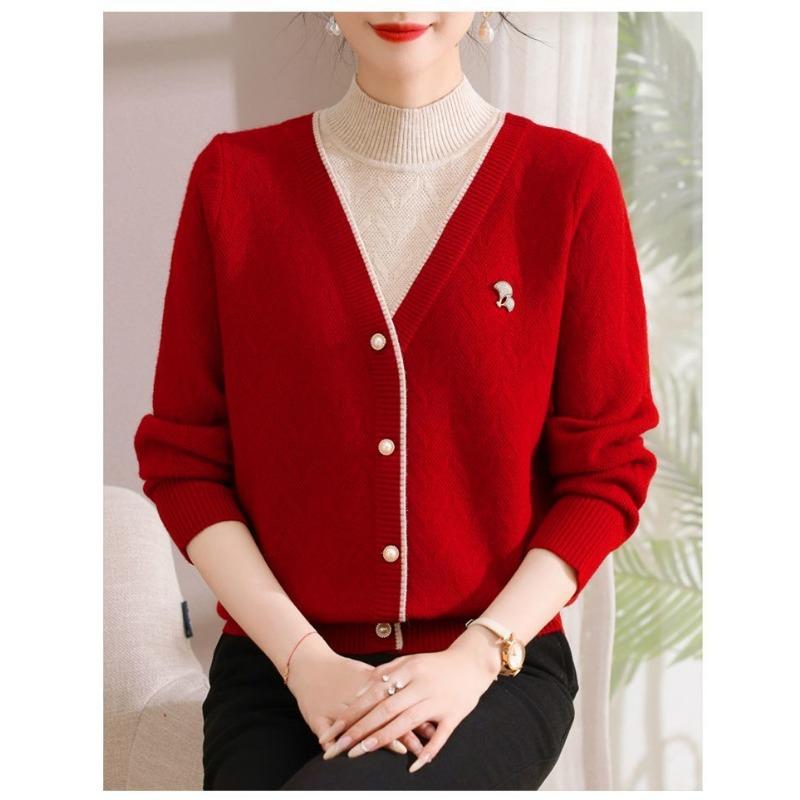 Sweater for Women's Autumn Half Turtleneck Buttons Fashionable Integrated Velvet Base Fake Two-piece Knitted Long-sleeved Top